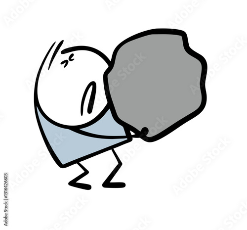 Unfortunate stickman is suffering, carrying a heavy load. Vector illustration of a man at work and a huge stone from a mine. Funny doodle cartoon isolated on white background.