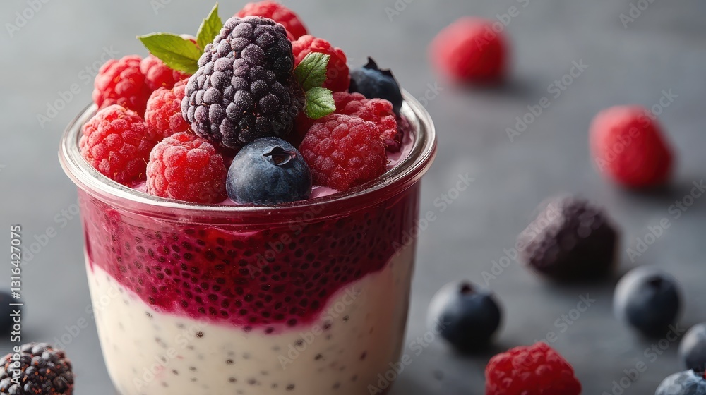 A glass jar, its translucent surface revealing layers of creamy, white chia pudding, topped with a vibrant swirl of purple and red berries, inviting viewers to indulge in a healthy and delectable A glass jar, its translucent surface revealing layers of creamy, white chia pudding, topped with a vibrant swirl of purple and red berries, inviting viewers to indulge in a healthy and delectable