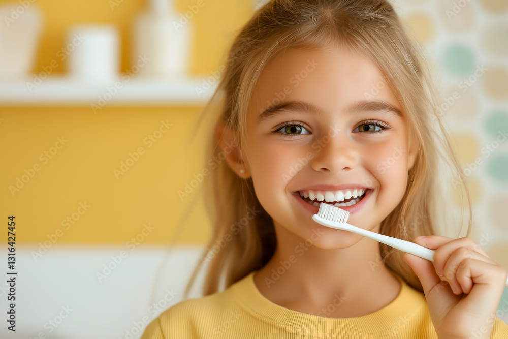 Young girl smiles brightly while brushing her teeth in a cheerful bathroom setting with yellow decor Young girl smiles brightly while brushing her teeth in a cheerful bathroom setting with yellow decor