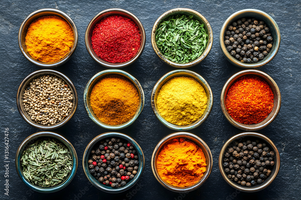 Assortment of vibrant culinary herbs and spices in ceramic bowls flat lay Assortment of vibrant culinary herbs and spices in ceramic bowls flat lay