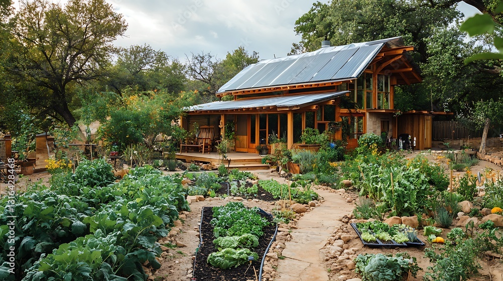 Sustainable modern home with vibrant vegetable garden and serene atmosphere Sustainable modern home with vibrant vegetable garden and serene atmosphere