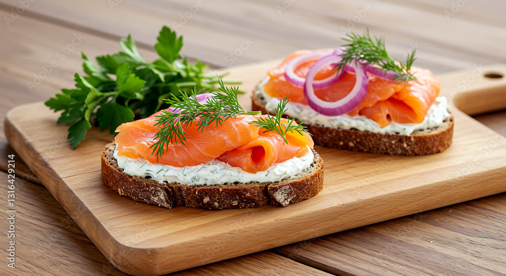 Danish open-faced sandwich (smørrebrød) with rye bread, smoked salmon, pickled red onions, and dill cream Danish open-faced sandwich (smørrebrød) with rye bread, smoked salmon, pickled red onions, and dill cream