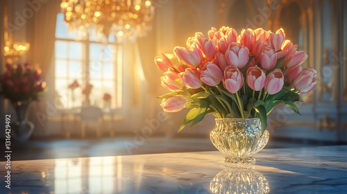 Tulips in crystal vase on marble surface, sunlight streaming from window