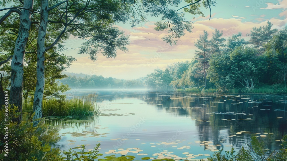 A realistic painting of a peaceful lakeside with reflections of trees in the water, set on a solid background.
