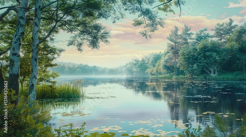 Obraz na płótnie A realistic painting of a peaceful lakeside with reflections of trees in the water, set on a solid background. w salonie