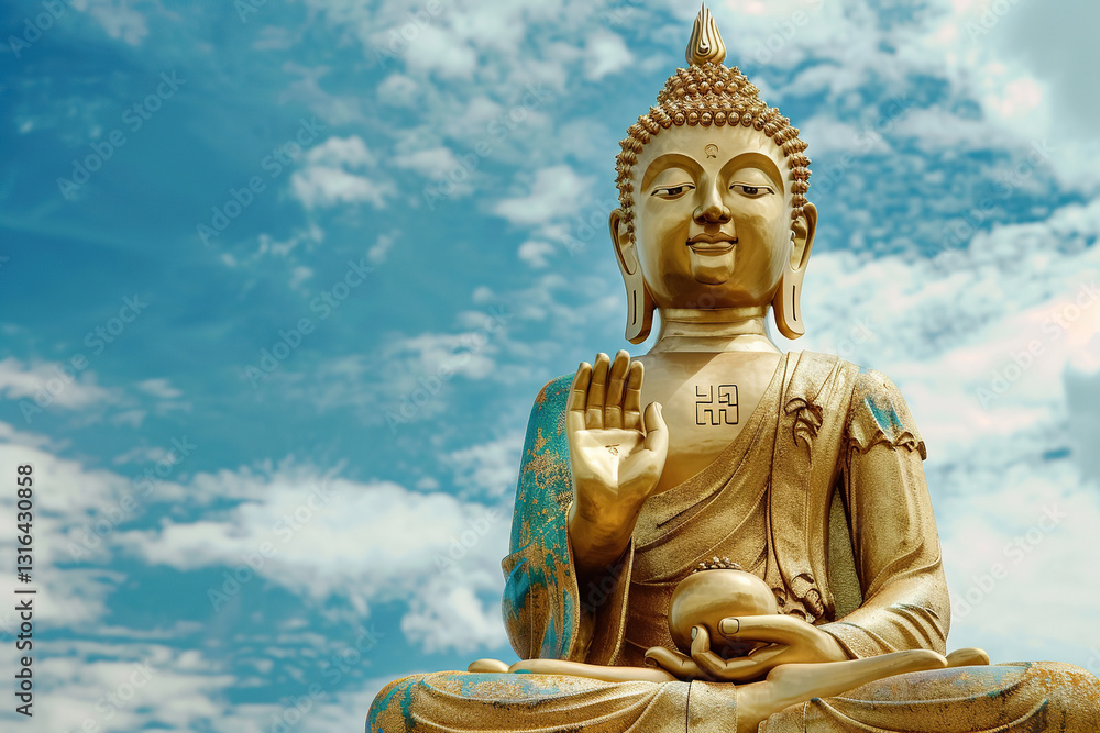 Ancient statue great Buddha on bright holiday composition, abstract vivid composition consists of fictional unreal fantastic vision on background Ancient statue great Buddha on bright holiday composition, abstract vivid composition consists of fictional unreal fantastic vision on background