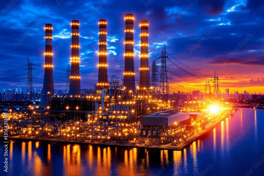 Fototapeta premium A massive power plant with towering chimneys and electrical transmission lines stretching into the horizon. Generative AI