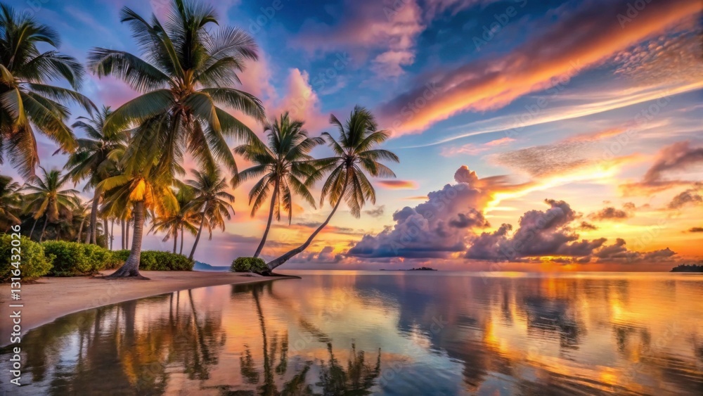 Obraz premium Serene Tropical Sunset Over Calm Waters with Palm Trees in Silhouette