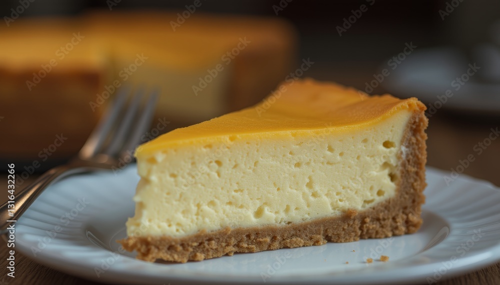 Slice of cheesecake with a graham cracker crust and a creamy filling served with a fork Slice of cheesecake with a graham cracker crust and a creamy filling served with a fork