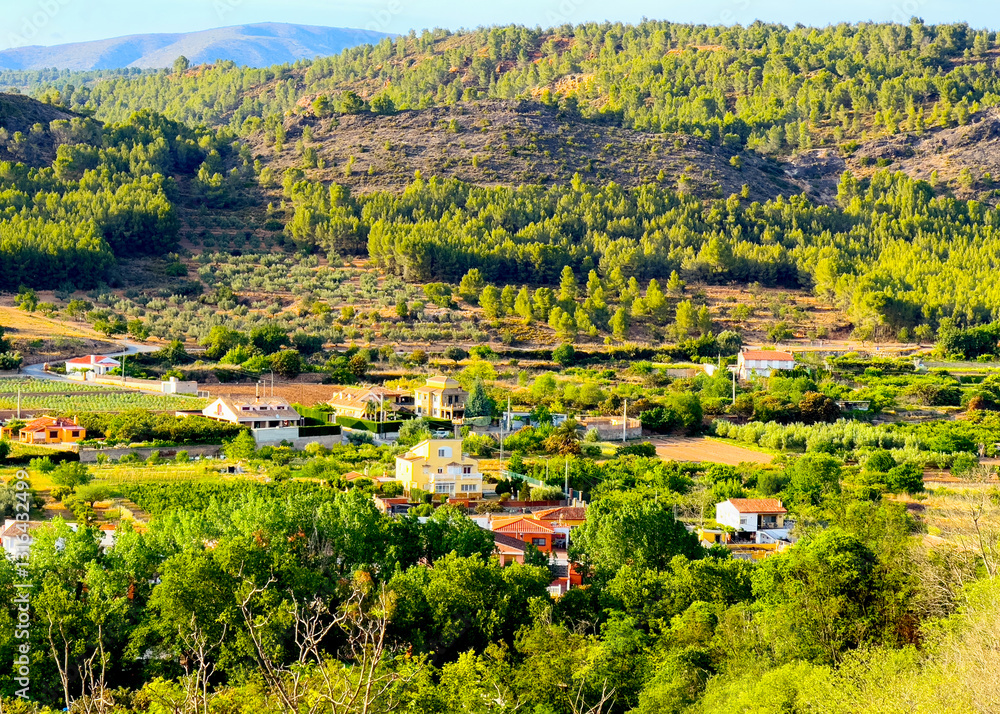 Obraz premium Spanish rural, aerial view. House in Countryside. Village houses at farm field. Rural landscape in Segorbe, Castellon, Spain. House in olive farm field. House roof in countryside with orange.