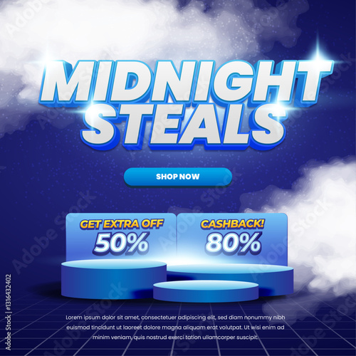 Shopping Midnight Steals Sale discount deals Exclusive dark Blue gradient Editable text effect Cloudy Night podium showcase square promotional banner poster flyer template
