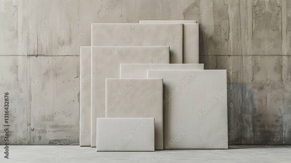 A set of blank canvases of various sizes, stacked neatly on a solid background.