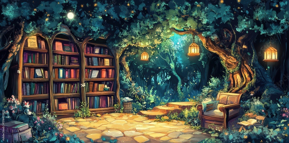 A Magical Forest Library Bathed In A Dreamy Light