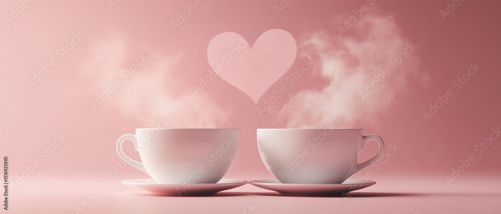 Two cups of hot beverage with heart-shaped steam on pink background Two cups of hot beverage with heart-shaped steam on pink background
