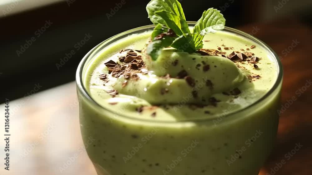 A refreshing green smoothie topped with mint and chocolate shavings in a tall glass. A refreshing green smoothie topped with mint and chocolate shavings in a tall glass.