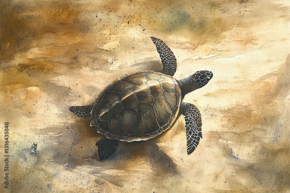 Obraz premium Underwater turtle gliding gracefully over sandy ocean floor in tranquil watercolor illustration artwork