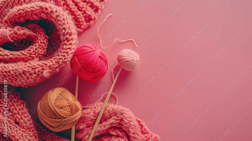 A set of knitting needles, yarn, and a partially completed scarf on a solid background.