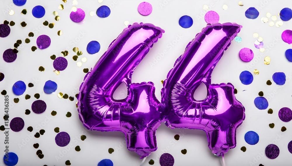 Fototapeta premium Purple balloon number 44 for forty-fourth birthday or anniversary party. White background with confetti