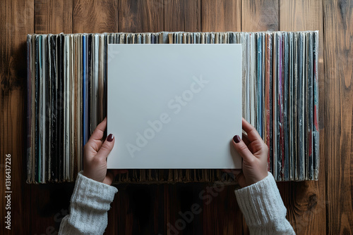 Close-up of woman's hands holding blank white vinyl record album cover