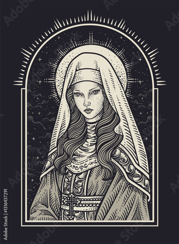 Illustration beautiful nun drawing with engraving hand drawn style on black background