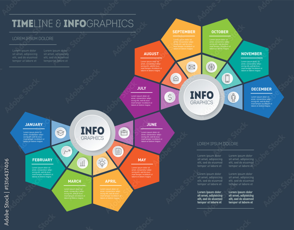 Dynamic Annual Timeline: Colorful Petal Design with 12-Month Visualization. Professional Infographic Template for Business Plans, Project Management, and Annual Reports. Dynamic Annual Timeline: Colorful Petal Design with 12-Month Visualization. Professional Infographic Template for Business Plans, Project Management, and Annual Reports.