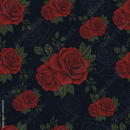 Vintage Seamless Rose Pattern with Dark Background