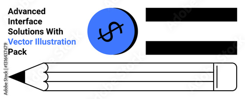 Pencil, dollar icon in blue circle, two black bars. Ideal for design, writing, education, branding, finance creativity presentations. Perfect as a flat landing page banner