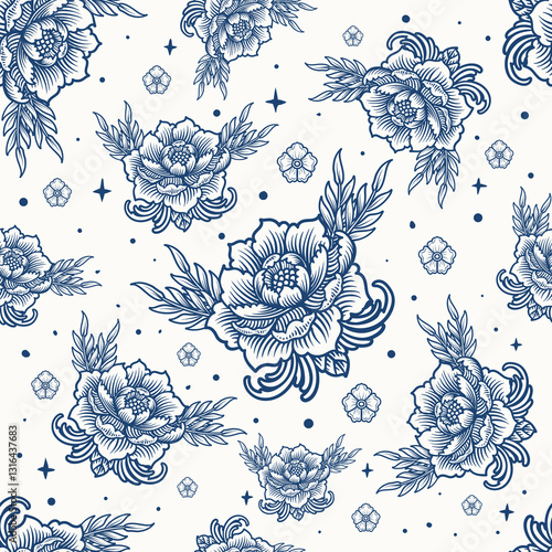 Seamless Pattern of Blue Peony Flowers with Leaves on White Background