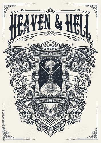 Heaven and Hell Hourglass with Angelic Demons and engraving ornament style