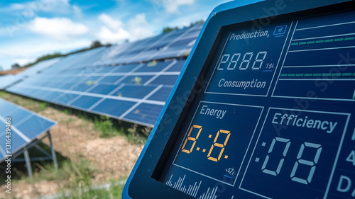 Close up shot of a solar energy monitoring system displaying real time data. Ideal for themes related to renewable energy, technology, and sustainability.

