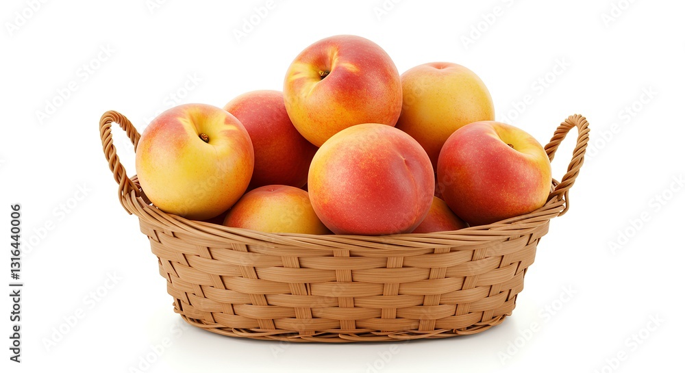 peaches in a basket isolated on white background with shadow. fresh, organic and ripe peaches in a rustic wicker basket. organic peach fruit during spring and summer time peaches in a basket isolated on white background with shadow. fresh, organic and ripe peaches in a rustic wicker basket. organic peach fruit during spring and summer time