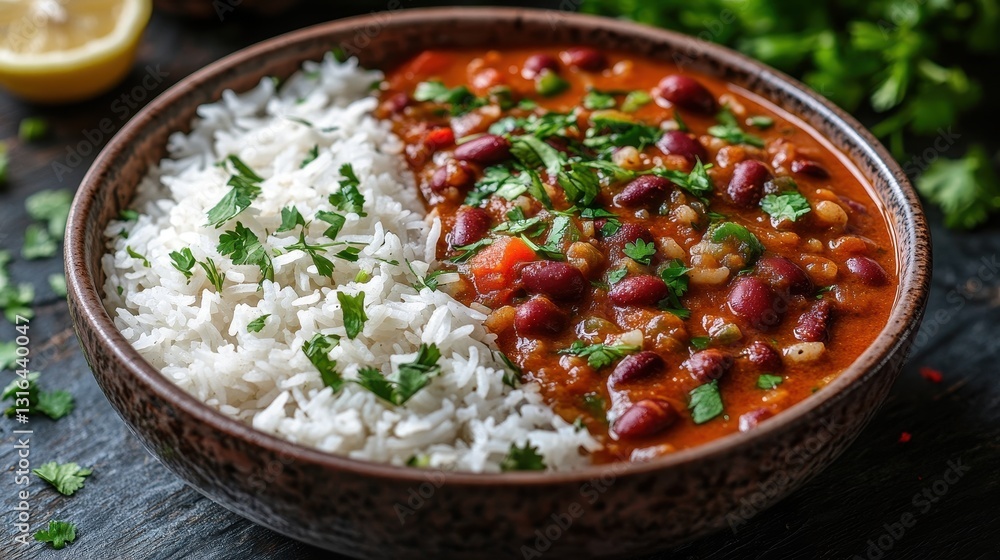 A vibrant bowl of Rajma Chawal, perfectly split into two halves, a testament to the beauty of balance. The first half is a symphony of fluffy white basmati rice, while the second is a rich and A vibrant bowl of Rajma Chawal, perfectly split into two halves, a testament to the beauty of balance. The first half is a symphony of fluffy white basmati rice, while the second is a rich and