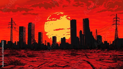 Destroyed city silhouette under an apocalyptic sunset, usable for disaster concepts