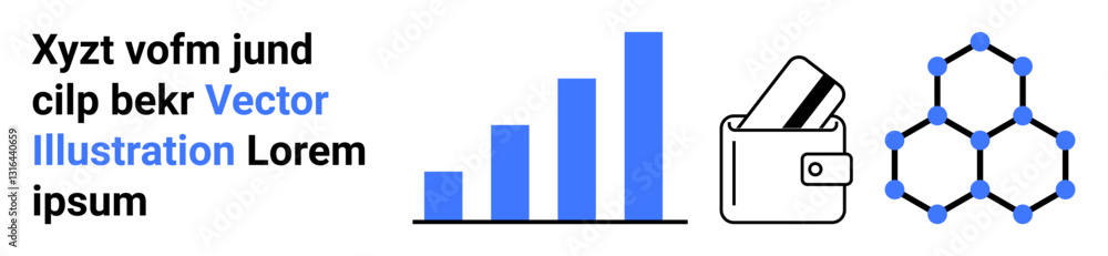 Business growth represented by a bar graph, financial management symbolized by a wallet with cards, and technology or network indicated by a hexagonal diagram. Ideal for financial planning, business Business growth represented by a bar graph, financial management symbolized by a wallet with cards, and technology or network indicated by a hexagonal diagram. Ideal for financial planning, business