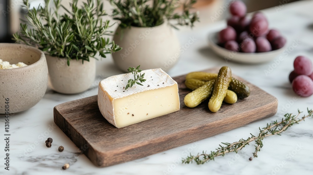 A minimalist canvas, adorned with soft, muted pinks and grays, where a small wooden board served as a rustic platter for a simple yet delectable spread: creamy cheese and tangy pickles, a symphony of A minimalist canvas, adorned with soft, muted pinks and grays, where a small wooden board served as a rustic platter for a simple yet delectable spread: creamy cheese and tangy pickles, a symphony of