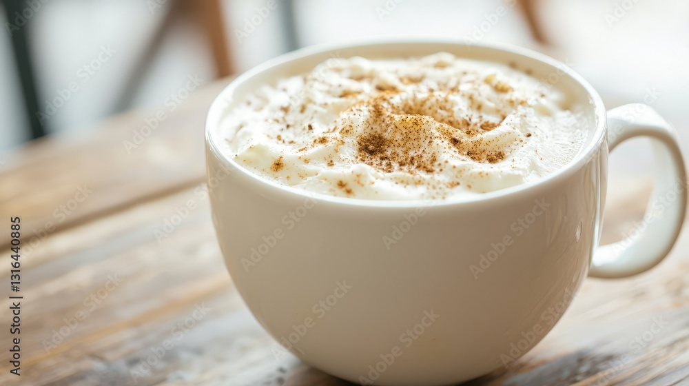 A Christmas-themed cup of eggnog with nutmeg sprinkled A Christmas-themed cup of eggnog with nutmeg sprinkled