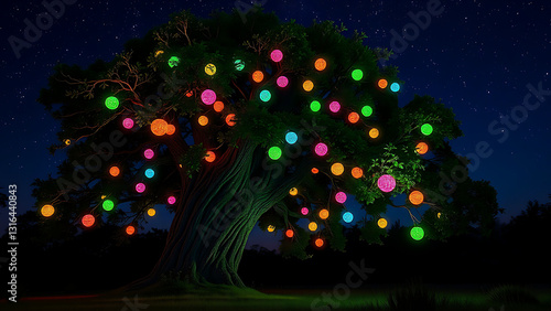 A Majestic Ancient Oak Tree Adorned With Vibrant Glowing Orbs Under A Starlit Night Sky, Creating A Magical And Enchanting Scene Isolated 