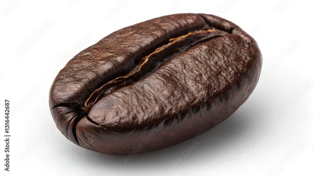 Roasted Coffee Bean: A single, plump, roasted coffee bean, dark brown with a subtle sheen, rests on a clean surface. Its distinct shape and rich aroma are captured in this close-up photo. Roasted Coffee Bean: A single, plump, roasted coffee bean, dark brown with a subtle sheen, rests on a clean surface. Its distinct shape and rich aroma are captured in this close-up photo.