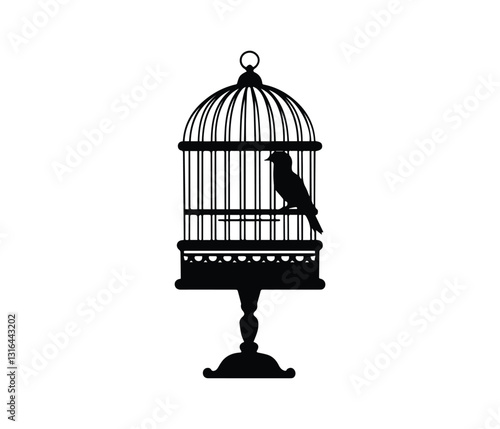 birdcage with a bird inside. A sophisticated silhouette of an ornate birdcage, holding a small bird, against a plain white background.