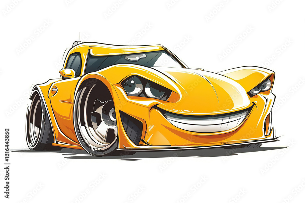 Fototapeta premium Beautiful colorful fictional cartoon car with pronounced headlights, abstract vivid composition consists of fictional unreal fantastic vision on background