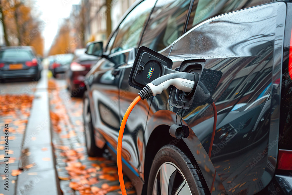 Power source for charging battery of beautiful hybrid electric car on road, abstract vivid composition consists of fictional unreal fantastic vision on background Power source for charging battery of beautiful hybrid electric car on road, abstract vivid composition consists of fictional unreal fantastic vision on background