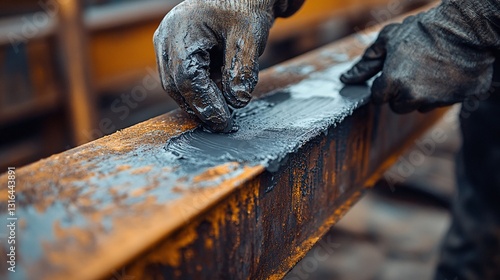 A worker applies protective coating to a rusty metal beam