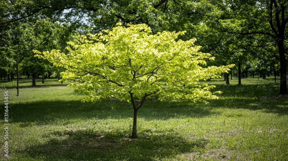 Naklejka premium Vibrant Green Tree with Bright Leaves Surrounded by Lush Park Landscape in Sunlight During Spring Season
