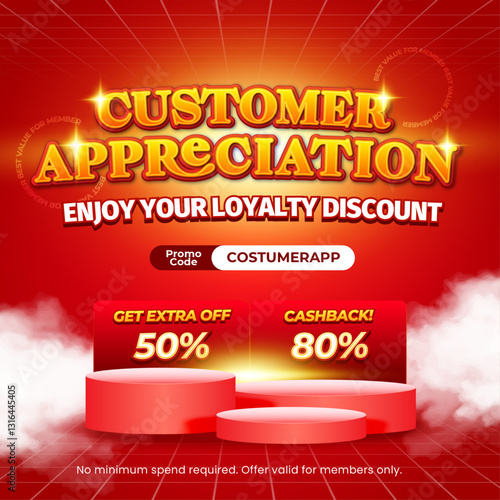 Customer Appreciation Sale discount deals Exclusive Red gradient Editable text effect showcase Podium Cloudy style with Extra sale and Cashback simple promotional Square banner flyer poster template
