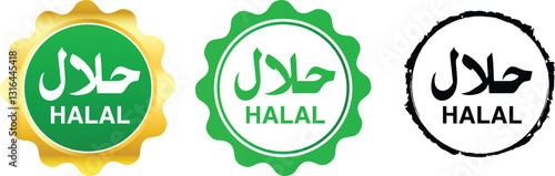 Halal Round Logo Vector Badge . Halal food labels Icon. arabic product emblem, Halal logo Green Vector illustration, Halal Certification Logos: Gold, Green, and Black Variants