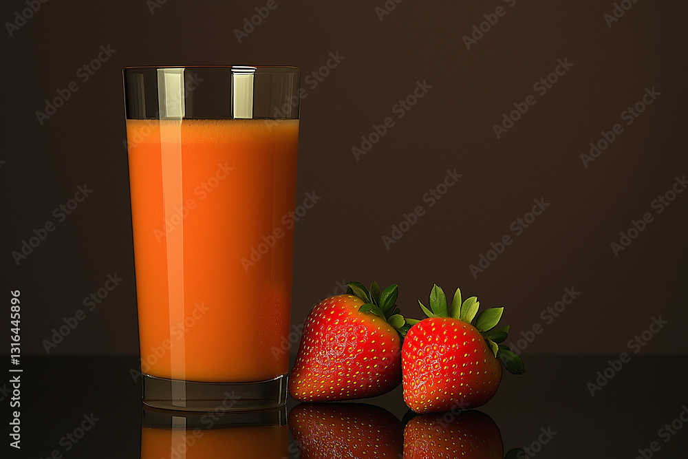 Refreshing Glass of Orange Juice with Fresh Strawberries on a Warm Toned Background Refreshing Glass of Orange Juice with Fresh Strawberries on a Warm Toned Background