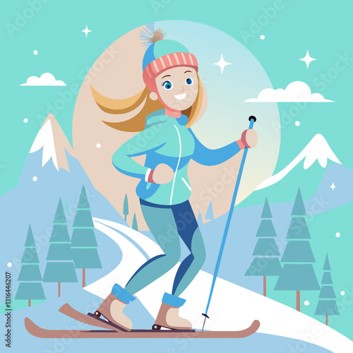 Energetic girl skiing in a winter wonderland, showcasing fun and adventure for kids' art.