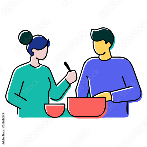 Vibrant cooking class illustration featuring chefs preparing delicious meals together.