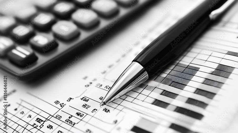 Close up of a calculator, pen, and financial spreadsheet on a light surface Close up of a calculator, pen, and financial spreadsheet on a light surface
