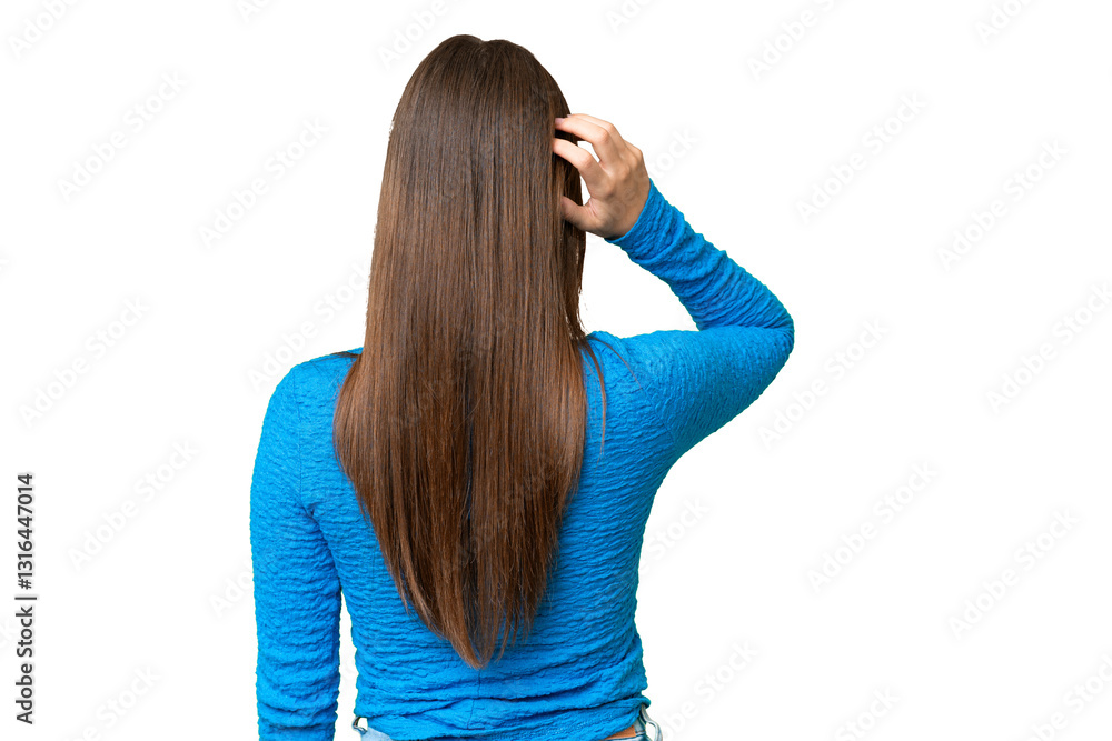 Young beautiful woman over isolated chroma key background in back position and thinking